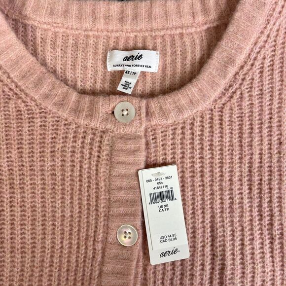 Aerie Sweater Women XS Peach  Button Crop  Solid V Neck Short Sleeve Ribbed - Picture 3 of 9